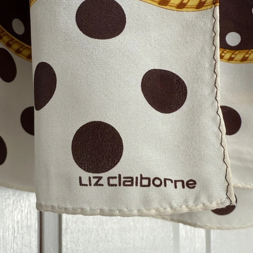 Vintage Liz Claiborne Brown and White Polka Dot Silk Scarf Trendy - Picture 2 of 5